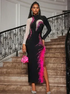 Dresses | Midi Dresses*Bandage Aakifah Rhinestone Feather Midi Dress