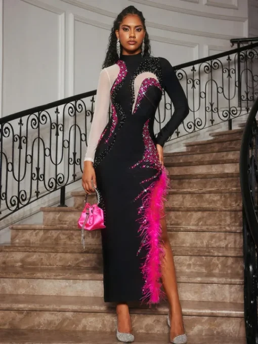 Dresses | Midi Dresses*Bandage Aakifah Rhinestone Feather Midi Dress