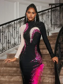 Dresses | Midi Dresses*Bandage Aakifah Rhinestone Feather Midi Dress
