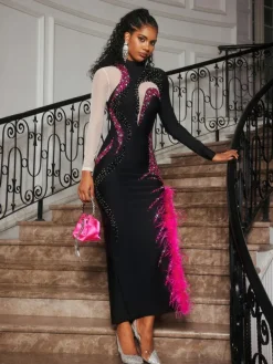 Dresses | Midi Dresses*Bandage Aakifah Rhinestone Feather Midi Dress