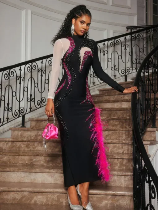 Dresses | Midi Dresses*Bandage Aakifah Rhinestone Feather Midi Dress