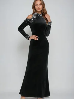 Dresses | Maxi Dresses*Mew Mews Fashion Aceso Long Sleeve Pearl Crystal Velvet Dress