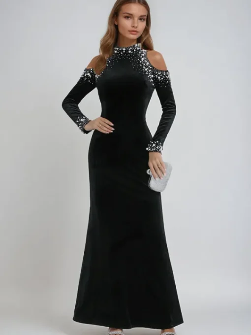 Dresses | Maxi Dresses*Mew Mews Fashion Aceso Long Sleeve Pearl Crystal Velvet Dress