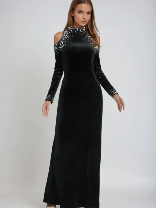 Dresses | Maxi Dresses*Mew Mews Fashion Aceso Long Sleeve Pearl Crystal Velvet Dress