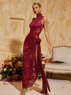 Dresses | Maxi Dresses*Mew Mews Fashion Aelithra High Neck Split Flower Maxi Dress In Wine