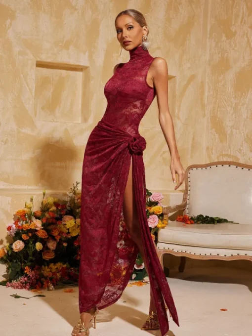 Dresses | Maxi Dresses*Mew Mews Fashion Aelithra High Neck Split Flower Maxi Dress In Wine