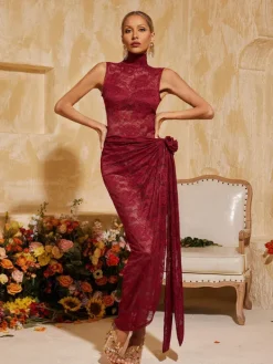 Dresses | Maxi Dresses*Mew Mews Fashion Aelithra High Neck Split Flower Maxi Dress In Wine