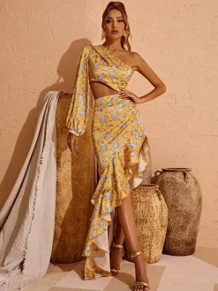 Dresses | Maxi Dresses*Mew Mews Fashion Aiyana One Shoulder Floral Maxi Dress In Yellow