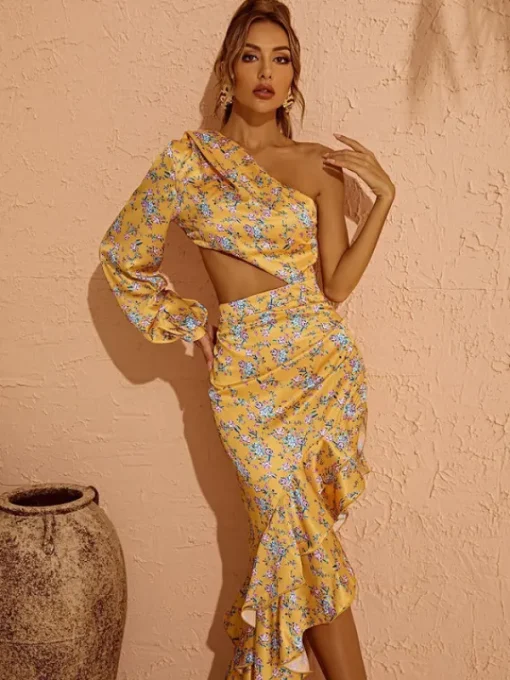 Dresses | Maxi Dresses*Mew Mews Fashion Aiyana One Shoulder Floral Maxi Dress In Yellow