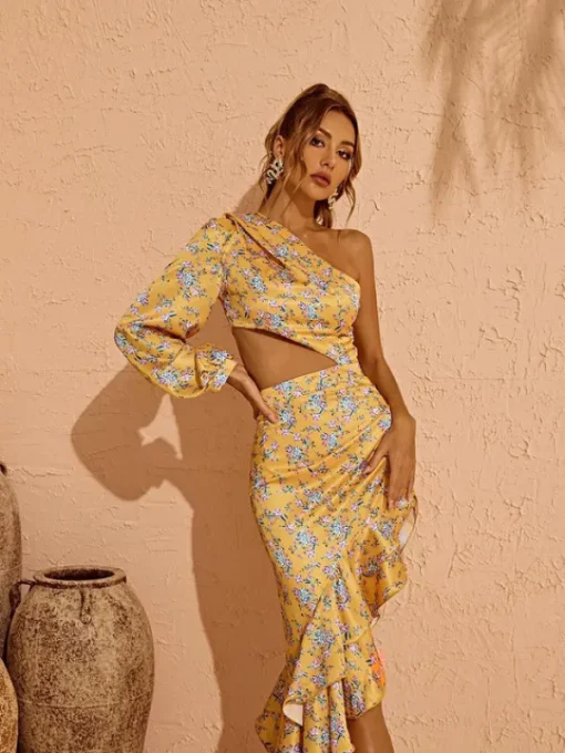 Dresses | Maxi Dresses*Mew Mews Fashion Aiyana One Shoulder Floral Maxi Dress In Yellow