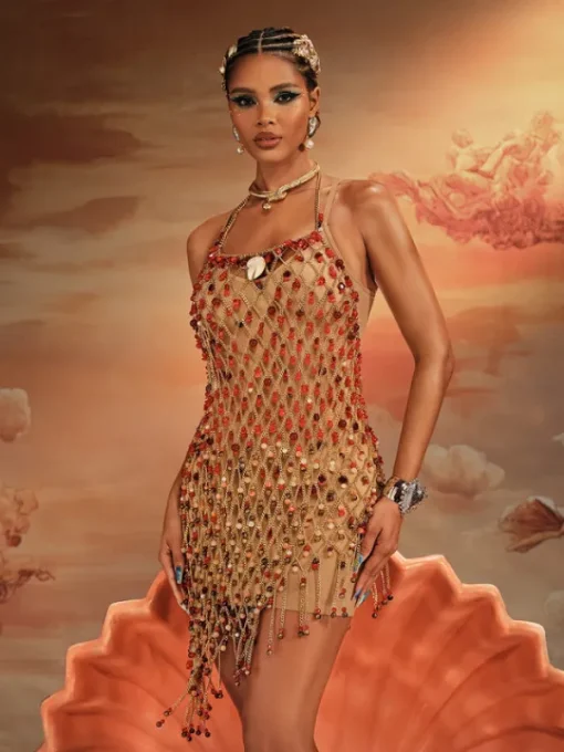 Beaded Wear | Dresses*Mew Mews Fashion O/S Akay Gemstone Beaded Fringe Dress