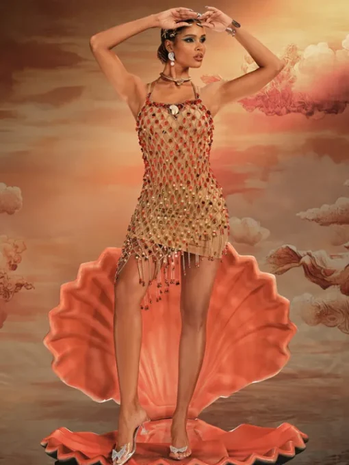 Beaded Wear | Dresses*Mew Mews Fashion O/S Akay Gemstone Beaded Fringe Dress