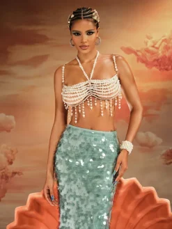 Beaded Wear | Tops*Mew Mews Fashion O/S Akram Fringe Pearl Beaded Bralette