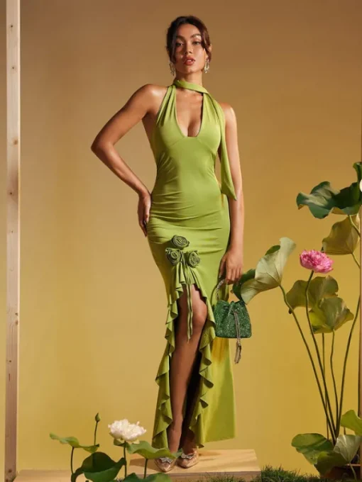 Dresses | Maxi Dresses*Mew Mews Fashion Alara Halterneck Flower Ruffle Maxi Dress In Green
