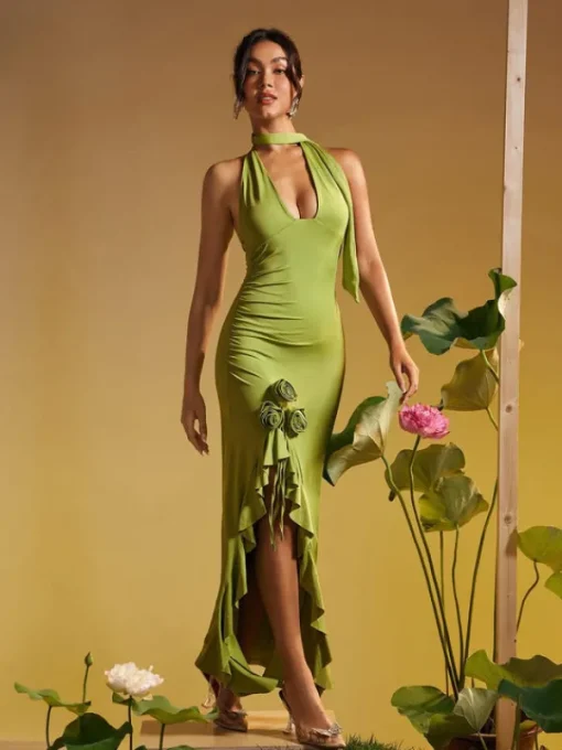 Dresses | Maxi Dresses*Mew Mews Fashion Alara Halterneck Flower Ruffle Maxi Dress In Green