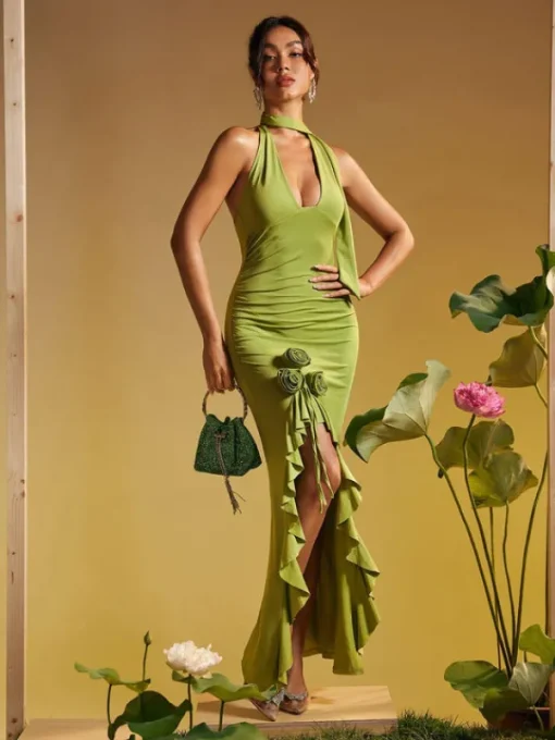 Dresses | Maxi Dresses*Mew Mews Fashion Alara Halterneck Flower Ruffle Maxi Dress In Green