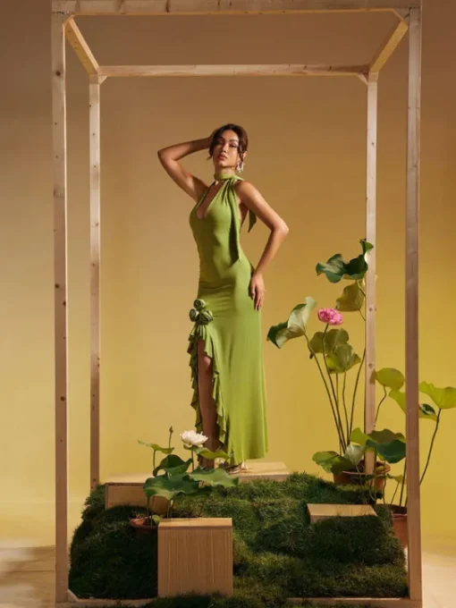 Dresses | Maxi Dresses*Mew Mews Fashion Alara Halterneck Flower Ruffle Maxi Dress In Green