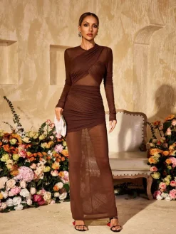 Dresses | Maxi Dresses*Mew Mews Alkas Long Sleeve Ruched Mesh Maxi Dress