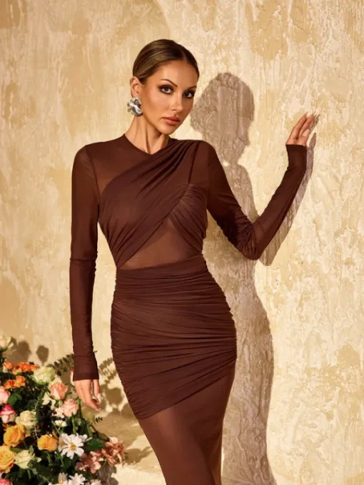 Dresses | Maxi Dresses*Mew Mews Alkas Long Sleeve Ruched Mesh Maxi Dress