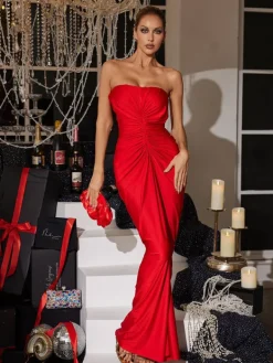 Dresses*Mew Mews Fashion Allaire Strapless Ruched Satin Maxi Dress