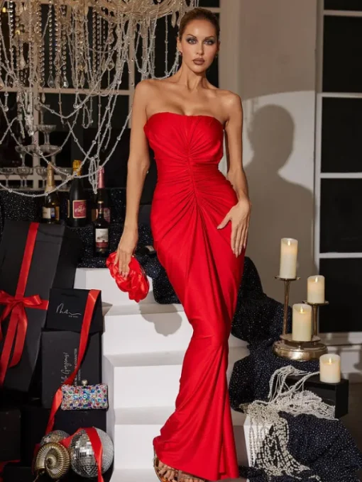 Dresses*Mew Mews Fashion Allaire Strapless Ruched Satin Maxi Dress