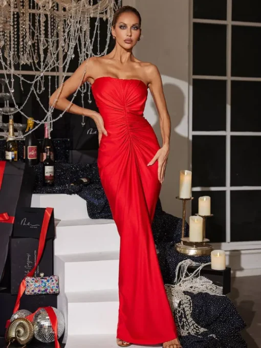 Dresses*Mew Mews Fashion Allaire Strapless Ruched Satin Maxi Dress