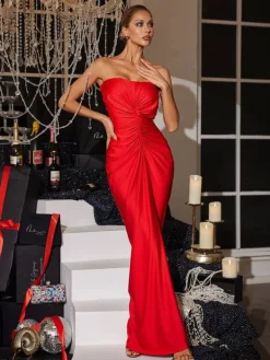 Dresses*Mew Mews Fashion Allaire Strapless Ruched Satin Maxi Dress
