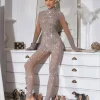Jumpsuits & Romper*Mew Mews Fashion Ally Rhinestone Mesh Jumpsuit In Silver