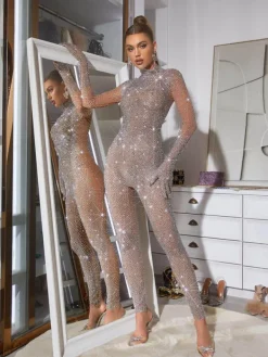 Jumpsuits & Romper*Mew Mews Fashion Ally Rhinestone Mesh Jumpsuit In Silver