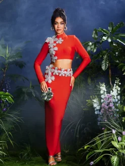 Sets & Co-ords*Bandage Almira Strapless Flower Skirt Set In Red