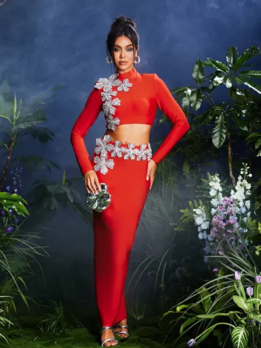 Sets & Co-ords*Bandage Almira Strapless Flower Skirt Set In Red