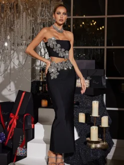 Sets & Co-ords*Bandage Almira Strapless Flower Skirt Set In Black