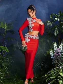 Sets & Co-ords*Bandage Almira Strapless Flower Skirt Set In Red