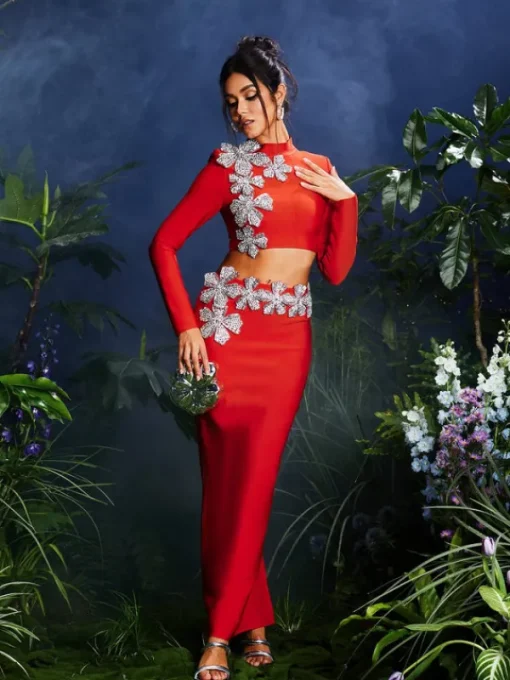 Sets & Co-ords*Bandage Almira Strapless Flower Skirt Set In Red