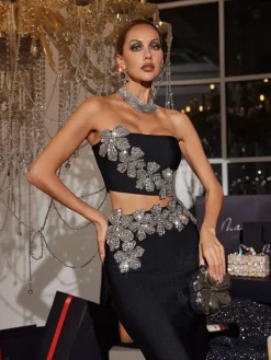 Sets & Co-ords*Bandage Almira Strapless Flower Skirt Set In Black