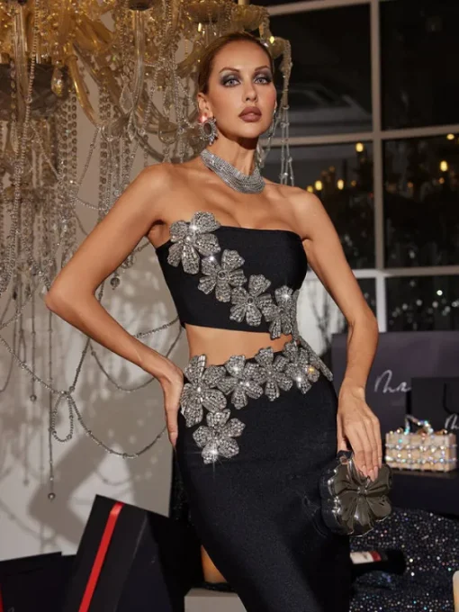 Sets & Co-ords*Bandage Almira Strapless Flower Skirt Set In Black