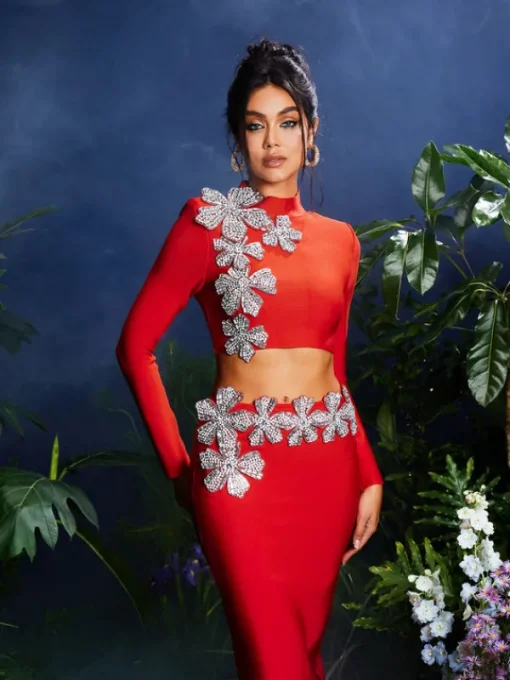 Sets & Co-ords*Bandage Almira Strapless Flower Skirt Set In Red