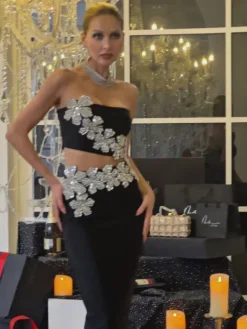 Sets & Co-ords*Bandage Almira Strapless Flower Skirt Set In Black