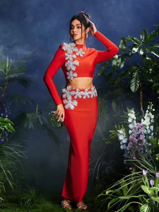 Sets & Co-ords*Bandage Almira Strapless Flower Skirt Set In Red