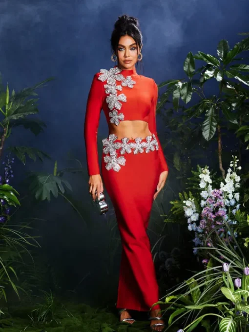 Sets & Co-ords*Bandage Almira Strapless Flower Skirt Set In Red