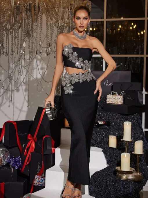 Sets & Co-ords*Bandage Almira Strapless Flower Skirt Set In Black