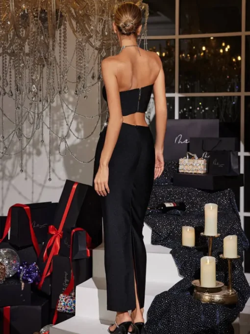 Sets & Co-ords*Bandage Almira Strapless Flower Skirt Set In Black