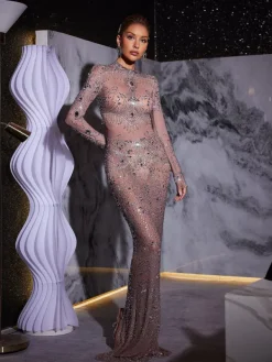Embellishment | Dresses*Embellishment Alonzo Rhinestone Fringe Mesh Maxi Dress
