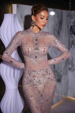 Embellishment | Dresses*Embellishment Alonzo Rhinestone Fringe Mesh Maxi Dress