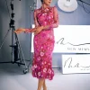 Dresses | Midi Dresses*Mew Mews Fashion Amara Long Sleeve Embroidered Midi Dress In Hot Pink