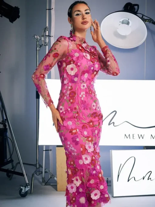 Dresses | Midi Dresses*Mew Mews Fashion Amara Long Sleeve Embroidered Midi Dress In Hot Pink