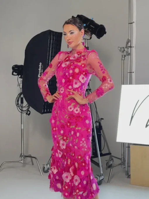 Dresses | Midi Dresses*Mew Mews Fashion Amara Long Sleeve Embroidered Midi Dress In Hot Pink
