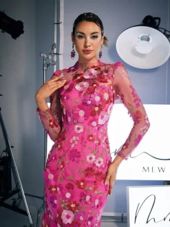 Dresses | Midi Dresses*Mew Mews Fashion Amara Long Sleeve Embroidered Midi Dress In Hot Pink