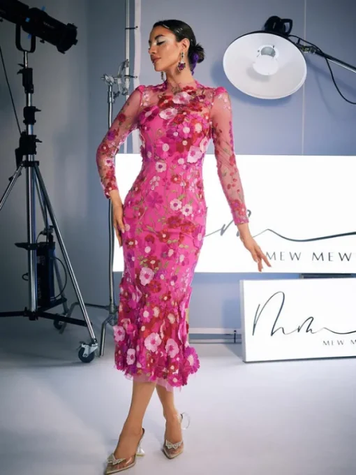 Dresses | Midi Dresses*Mew Mews Fashion Amara Long Sleeve Embroidered Midi Dress In Hot Pink