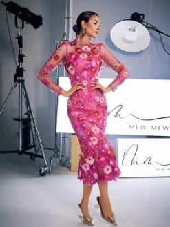 Dresses | Midi Dresses*Mew Mews Fashion Amara Long Sleeve Embroidered Midi Dress In Hot Pink